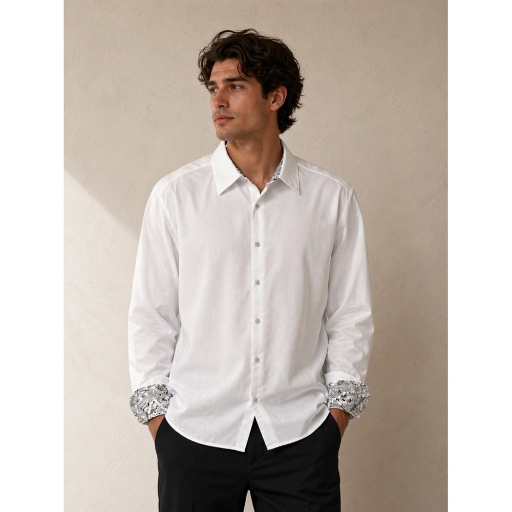 Robert Graham Men's White Paisley Long Sleeve Spread Collar Button-Up Shirt 2XL